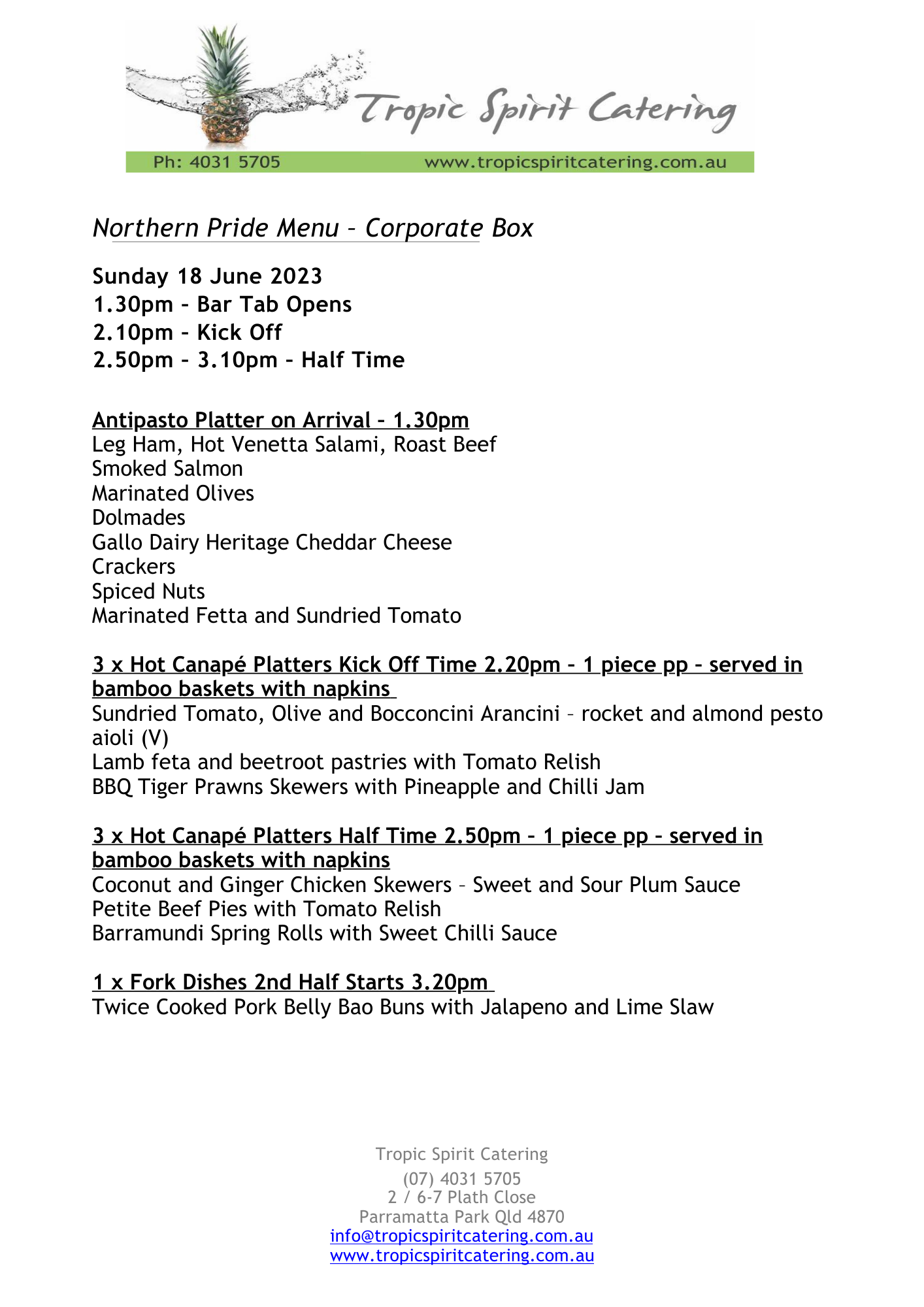 Corporate Box Menu - catering by Tropic Spirit